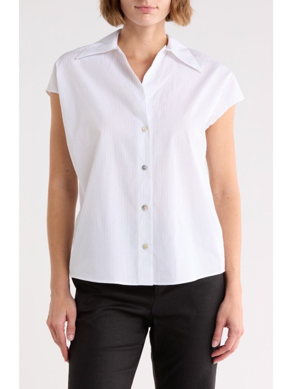 VINCE Stripe Cap Sleeve Button-Up Shirt white TOP SHIRT size M